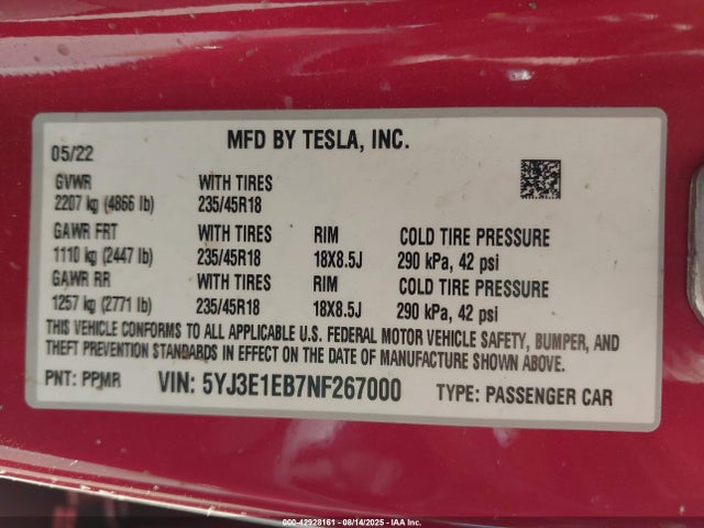 2022 TESLA MODEL 3 5YJ3E1EB7NF267000 Photo 8