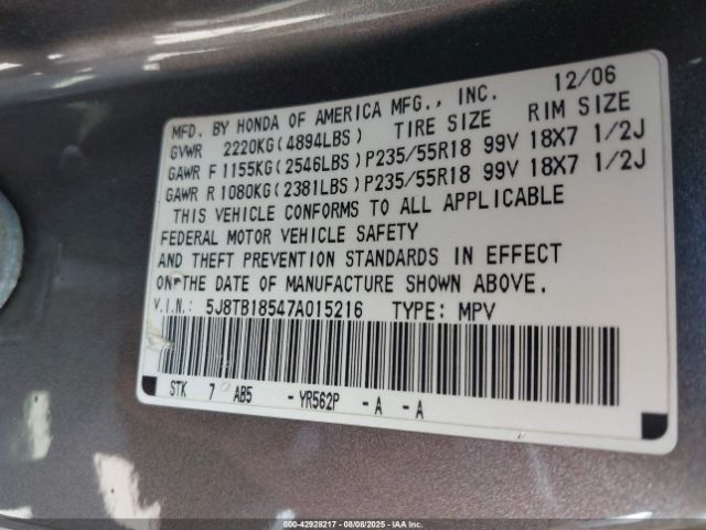 2007 ACURA RDX 5J8TB18547A015216 Photo 8