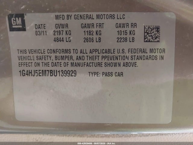 Продаж на аукціоні авто 2011 Buick Lucerne Cxl Premium, vin: 1G4HJ5EM7BU139929, номер лоту: 42928406