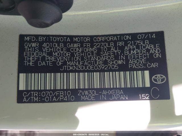JTDKN3DU0E0392705 Toyota 2zr-fxe+3jm