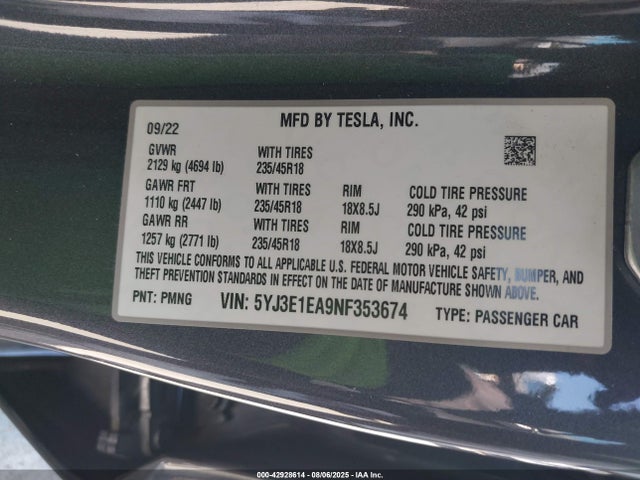 2022 TESLA MODEL 3 5YJ3E1EA9NF353674 Photo 8