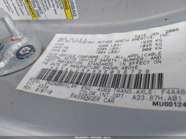 2008 MITSUBISHI ECLIPSE SPYDER 4A3AL25F98E038729 Photo 8