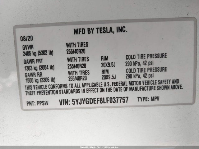 Aukcja sprzedaży 2020 Tesla Model Y Long Range Dual Motor All-wheel Drive/performance Dual Motor All-wheel Drive, vin: 5YJYGDEF8LF037757, numer aukcji: 42928766