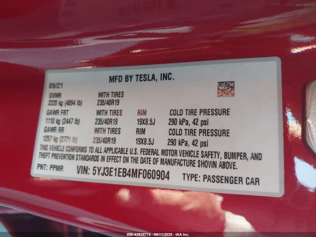 2021 TESLA MODEL 3 5YJ3E1EB4MF060904 Photo 8