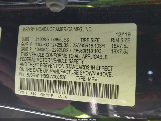 5J6RW1H85LA000526 Honda l15be