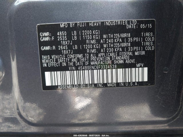 4S4BSENC6F3334538 Subaru 3.6l u4
