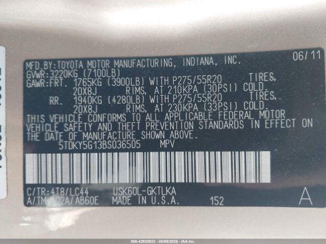 2011 TOYOTA SEQUOIA 5TDKY5G13BS036505 Photo 8