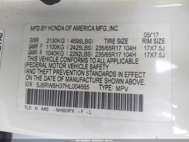 5J6RW5H37HL004665 Honda k24w9/k24v9