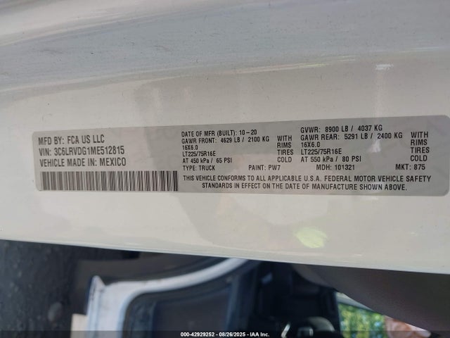 Aukcja sprzedaży 2021 Ram Promaster 2500 High Roof 159 Wb, vin: 3C6LRVDG1ME512815, numer aukcji: 42929252