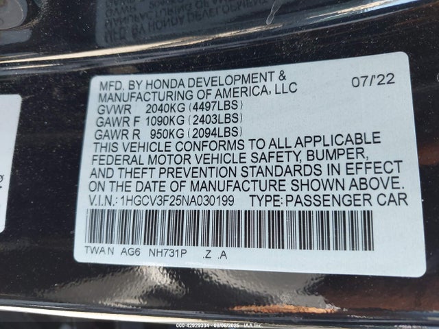 Honda lfb2 2022 1HGCV3F25NA030199 Image 9