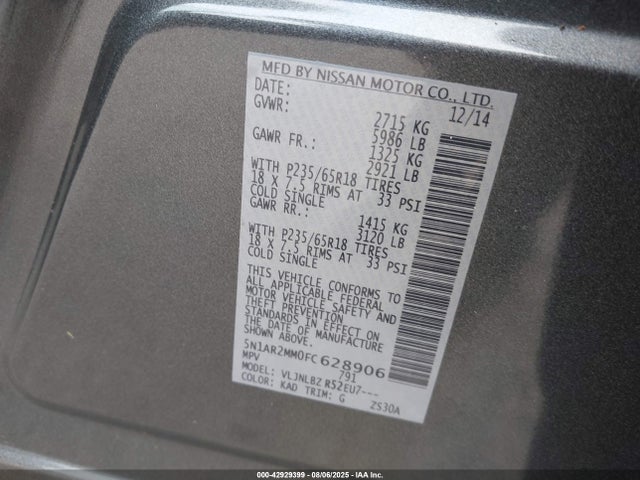 Nissan Pathfinder 2015 5N1AR2MM0FC628906 Image 9