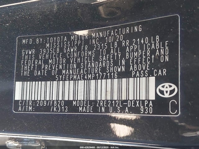 5YFEPMAE4MP177116 Toyota COROLLA LE