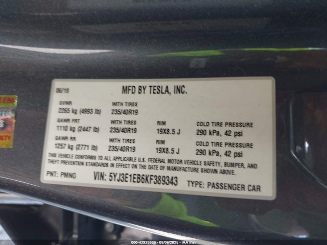 2019 TESLA MODEL 3 5YJ3E1EB6KF389343 Photo 8