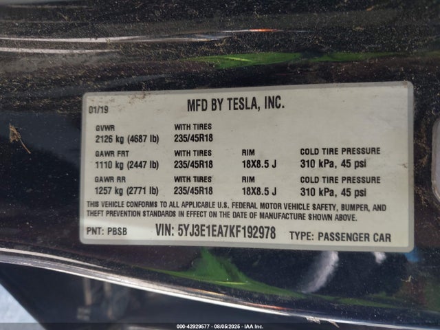 5YJ3E1EA7KF192978 Tesla 2019