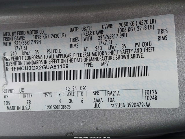 1FMCU0GX2GUA61109 Ford Escape
