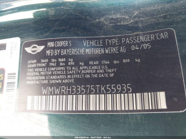 2005 MINI COOPER S WMWRH33575TK55935 Photo 8