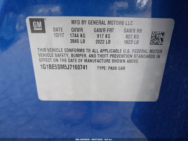 Chevrolet le2 -di: direct injection, vvt: variable valve timing, gen, alum 2018 1G1BE5SM5J7160741 Image 9