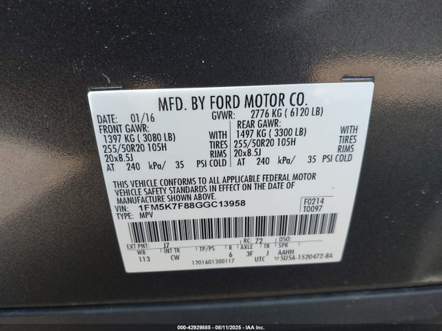 1FM5K7F88GGC13958 Ford Explorer