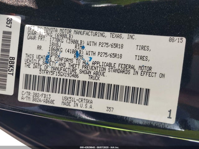 Toyota 3ur-fe 2016 5TFRY5F15GX193406 Image 9