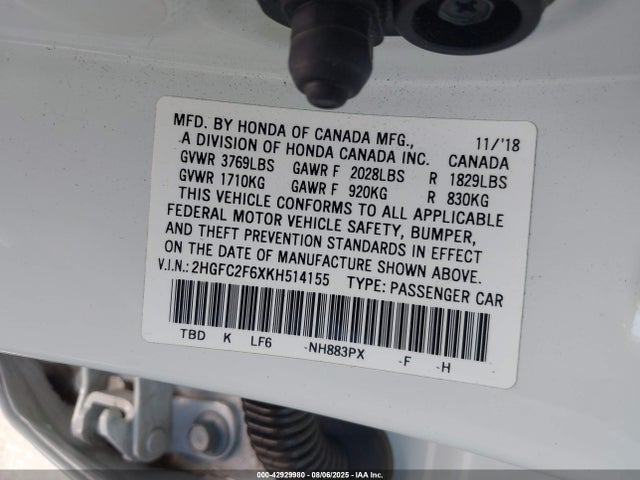 Honda k20c2 2019 2HGFC2F6XKH514155 Image 9