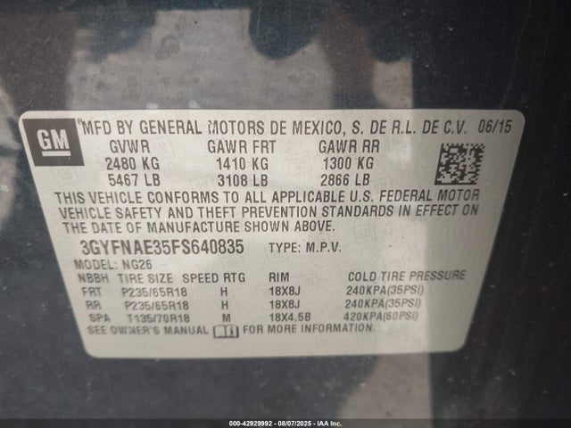 2015 CADILLAC SRX 3GYFNAE35FS640835 Photo 8