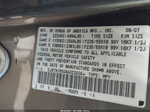 2008 ACURA RDX 5J8TB18548A002404 Photo 8