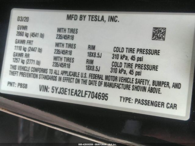 2020 TESLA MODEL 3 5YJ3E1EA2LF704695 Photo 8