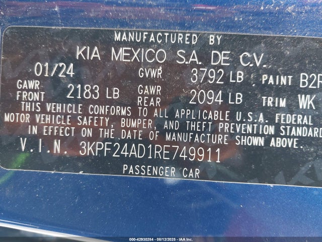 2024 Kia Forte Lxs მანქანა იყიდება აუქციონზე, vin: 3KPF24AD1RE749911, აუქციონის ნომერი: 42930284