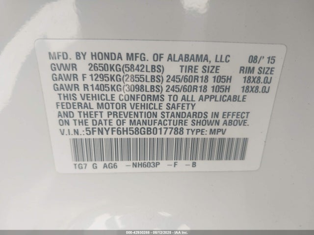 5FNYF6H58GB017788 Honda j35y6
