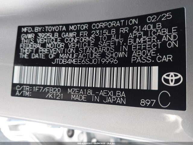 Toyota m20a-fks 2025 JTDB4MEE6SJ019996 Image 9