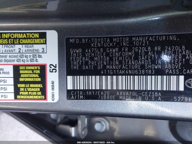 4T1G11AK4NU638183 Toyota a25a-fks