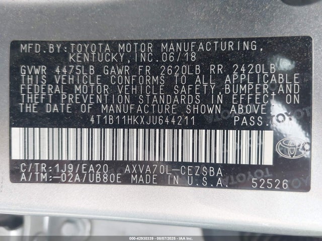 4T1B11HKXJU644211 Toyota a25a-fks