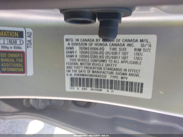 Honda k24w9 2016 2HKRM4H58GH642532 Image 9