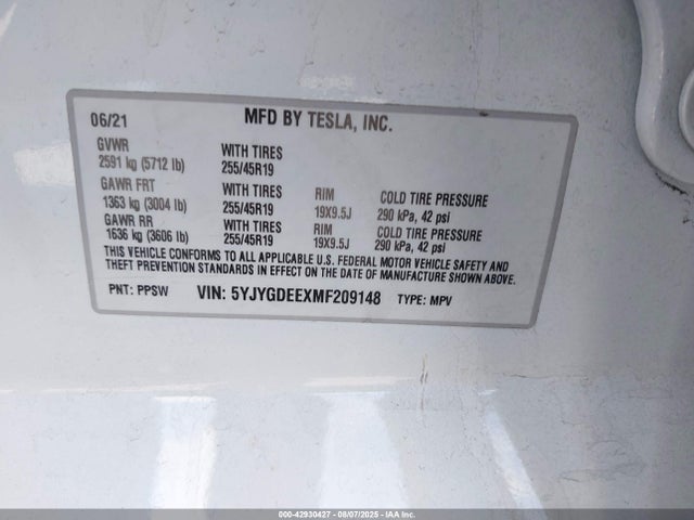 2021 TESLA MODEL Y 5YJYGDEEXMF209148 Photo 8