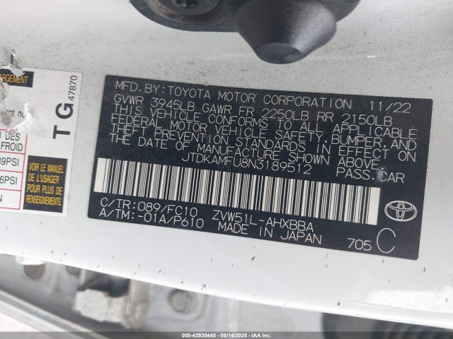 JTDKAMFU8N3189512 Toyota 2zr-fxe,1nm