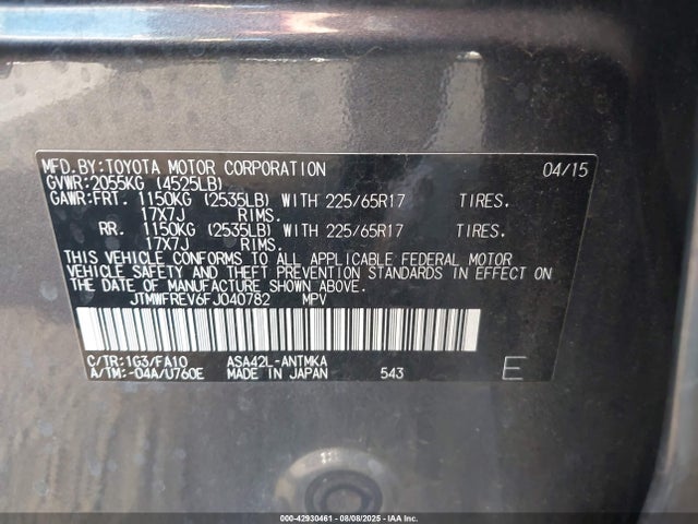 Toyota 2ar-fe 2015 JTMWFREV6FJ040782 Image 9