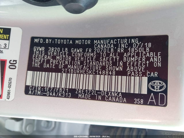 2T1BURHE5KC148848 Toyota 2zr-fe