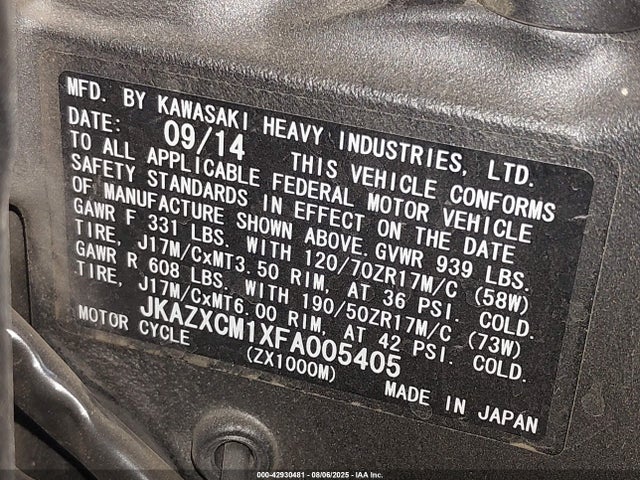 Kawasaki Ninja 1000 2015 JKAZXCM1XFA005405 Image 10
