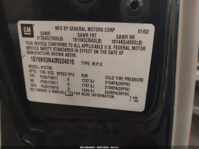 2002 CADILLAC ESCALADE 1GYEK63N42R224018 Photo 8