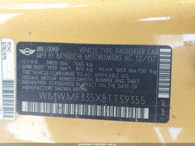2008 MINI COOPER WMWMF335X8TT59355 Photo 8