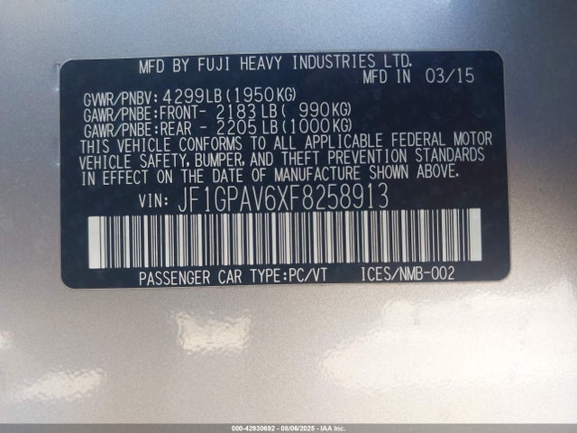 Subaru 2.0l na 2015 JF1GPAV6XF8258913 Image 9