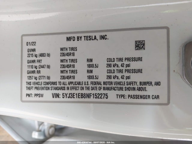2022 TESLA MODEL 3 5YJ3E1EB8NF152275 Photo 8