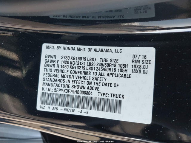 Honda j35y6 2017 5FPYK3F79HB008864 Image 9
