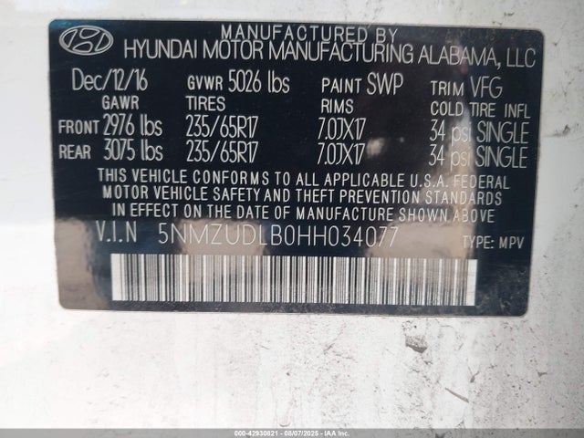 5NMZUDLB0HH034077 Hyundai gdi theta ii