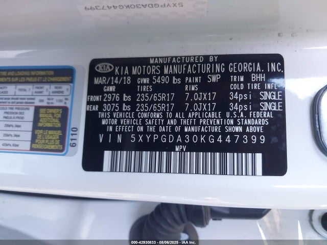 KIA gdi theta-ii 2019 5XYPGDA30KG447399 Image 9