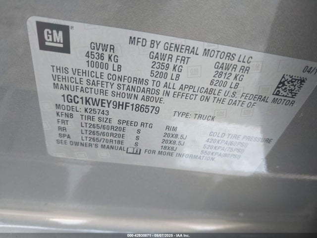 1GC1KWEY9HF186579 Chevrolet l5p - direct injection, duramax, gen 5, var 1
