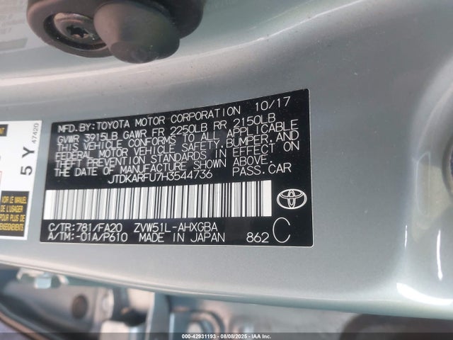 JTDKARFU7H3544736 Toyota 2zr-fxe,1nm