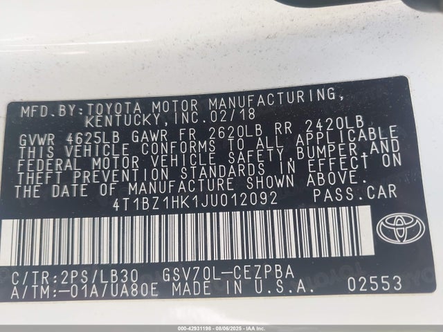 4T1BZ1HK1JU012092 Toyota 2gr-fks
