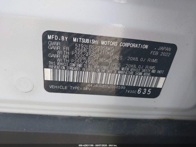 JA4J4UA85NZ068599 Mitsubishi Outlander
