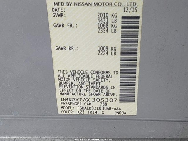 1N4BZ0CP7GC305307 Nissan 2016